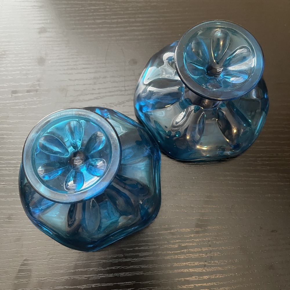 Pair 2x MCM Viking Glass Bluenique 6 Petal Candle Holders Candlestick Holder - Picture 6 of 11